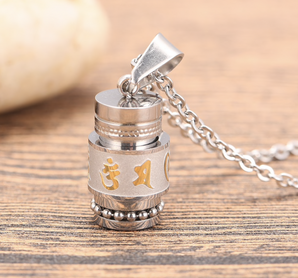 Anhänger "Om Mani Padme Hum" Edelstahl Silber&Gold Optik 20x12mm ; Gebetsmühle mit Gebetstexten
