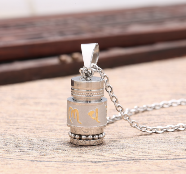 Anhänger "Om Mani Padme Hum" Edelstahl Silber&Gold Optik 20x12mm ; Gebetsmühle mit Gebetstexten